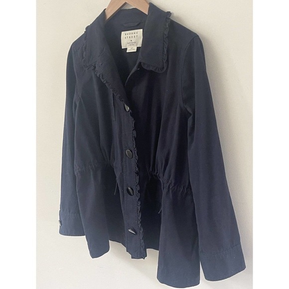 Kate Spade Broome Street Womens Ruffle Utility Military Jacket Navy Blue Button - Picture 1 of 14